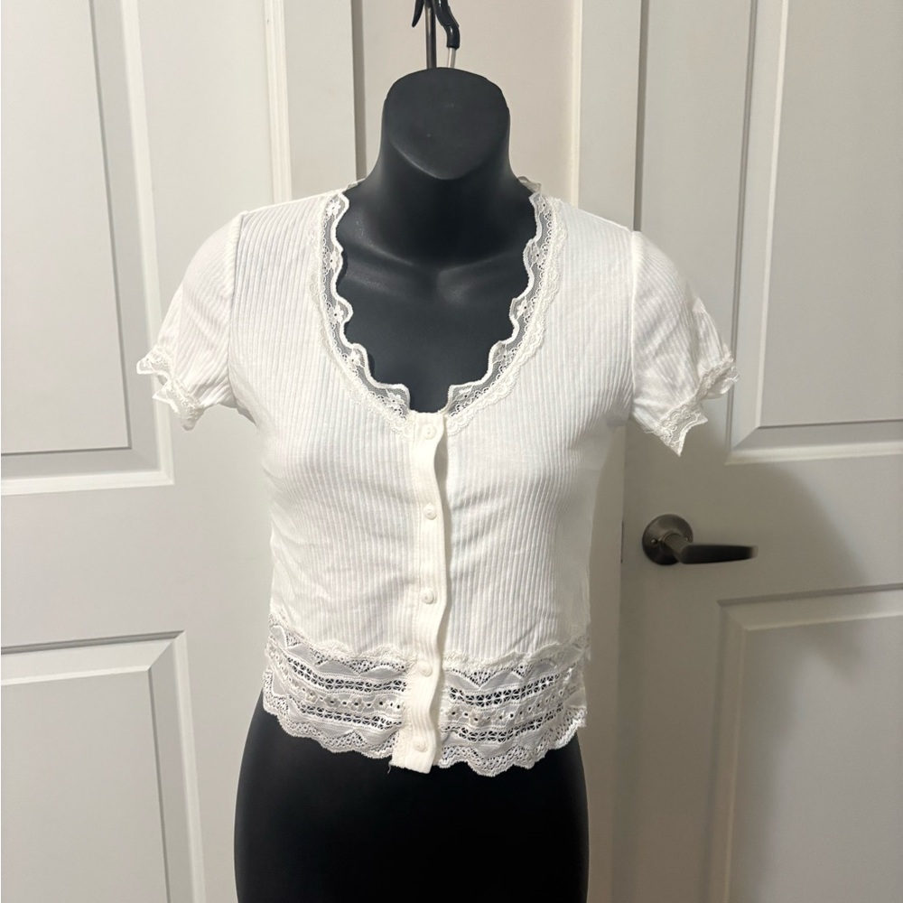 $5 ADD ON Caution to the Wind White Lace Trim Button-Up Women's Top